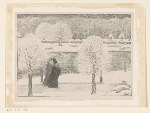 Two women walking in a snowy landscape