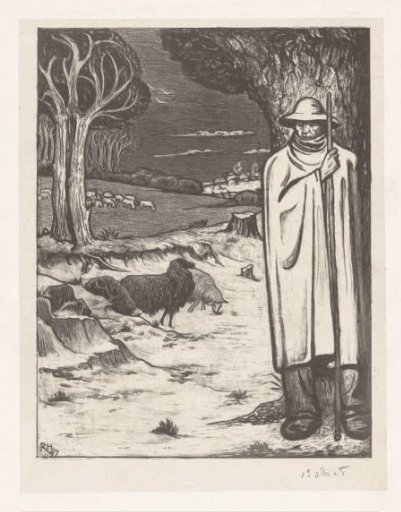 Shepherd with a flock of sheep in a hilly landscape