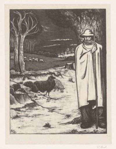 Shepherd with a flock of sheep in a hilly landscape
