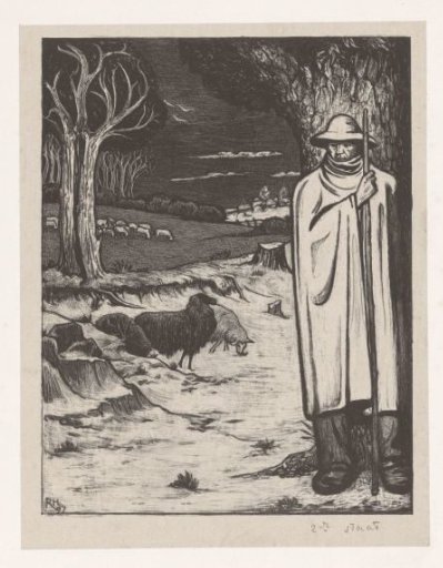 Shepherd with a flock of sheep in a hilly landscape