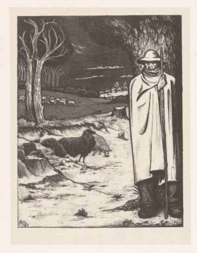 Shepherd with a flock of sheep in a hilly landscape