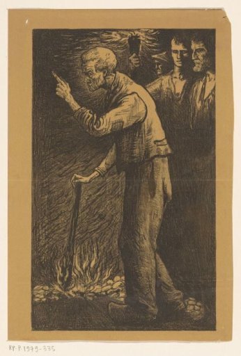 Worker with a burning torch and raised finger