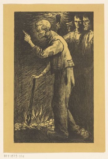 Worker with a burning torch and raised finger