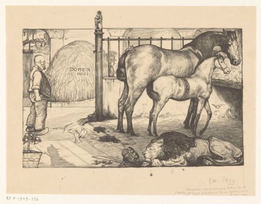 Two Horses at a Hay Rack in a Stable