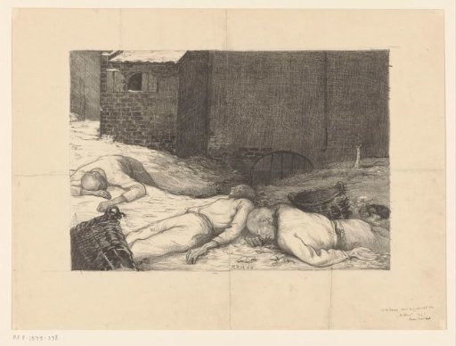 Three dead men lying near a building