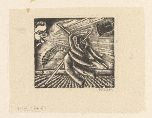 Wind, represented by a blowing face, blows down a scarecrow