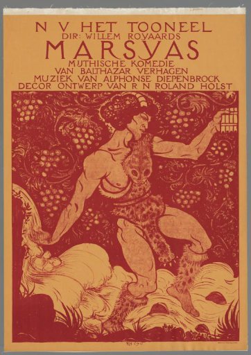 N.V. Het Toneel Dir. Willem Royaards. Marsyas Mythical Comedy by Balthazar Verhagen. Music by Alphonse Diepenbrock. Set design by R.N. Roland Holst.