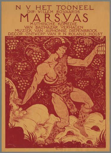 N.V. Het Toneel Dir. Willem Royaards. Marsyas Mythical Comedy by Balthazar Verhagen. Music by Alphonse Diepenbrock. Set design by R.N. Roland Holst.