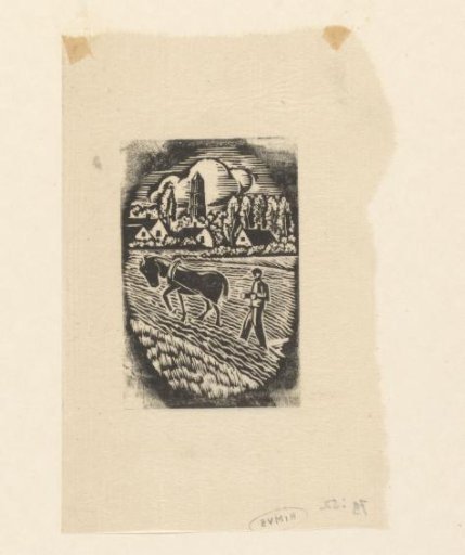 Cover vignette with a ploughing farmer for: Cyriel Buysse, Het leven van Rozeke van Dalen, 1942