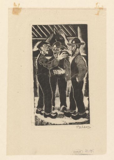 Three farmers in a stable with a horse