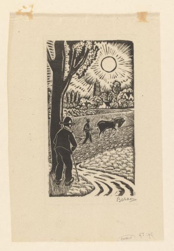 Man leaning on a walking stick watching the ploughing of a field