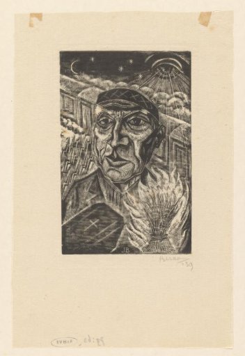 Farmer with a cap and a coffin, behind him a freight train with a radiant eye above