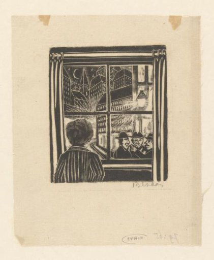 Three men on the street viewed from behind a window