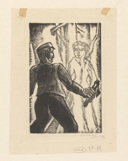 Woodcutter with a female spirit apparition in the forest