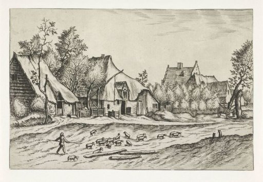 Village road with a flock of sheep