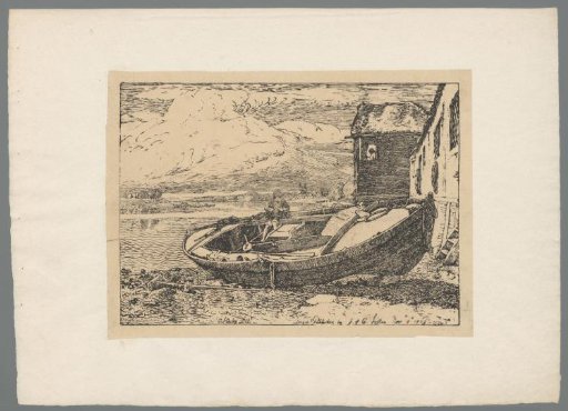 Boy in a rowing boat on the bank of the Thames