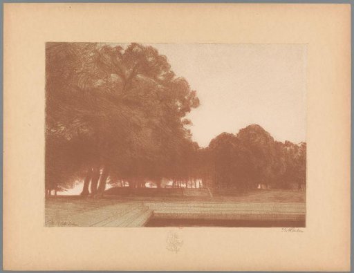 Park with trees, pond and terrace