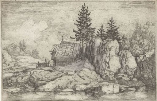 Landscape with four spruces near a hut