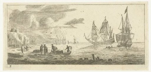 Seaport with two large sailing ships