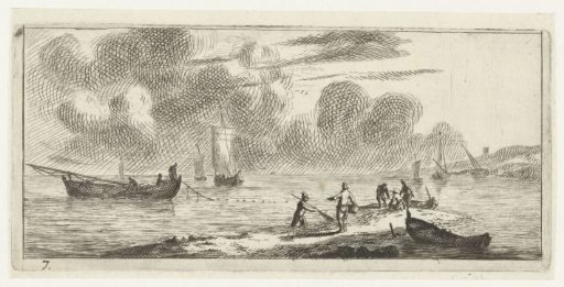 Coastline with men fishing in shallow water