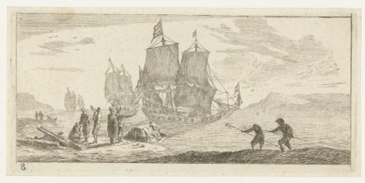 Four large sailing ships in a bay
