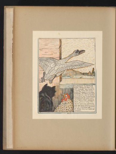 Young Swan Flies Away from Cat and Hen