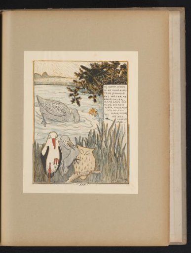 Swan with head under water near a heron, stork, and owl