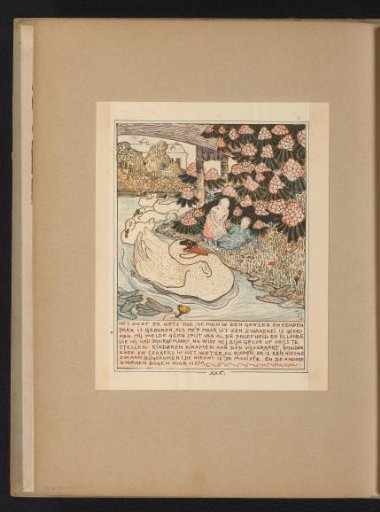 Two children on the bank feeding swimming swans