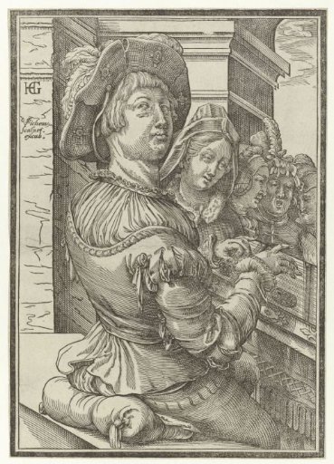 Young man playing the cittern with four singing figures