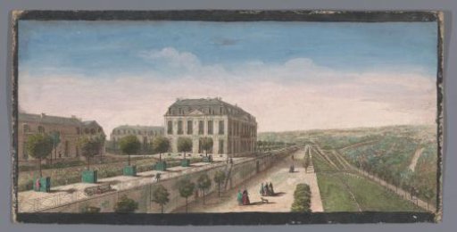 View of the terrace with orange trees of the Château de Belle-Vue in Meudon