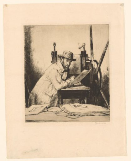 Portrait of Muirhead Bone leaning on an etching press