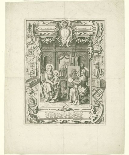 Coat of arms of the Guild of Saint Luke with Saint Luke painting Mary