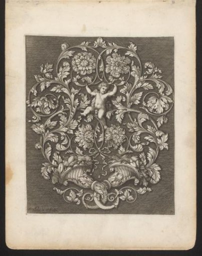 Putto with Horns of Plenty and Leaf-Shaped Ornaments