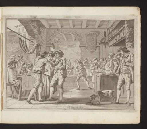 Quarreling figures in a dining hall
