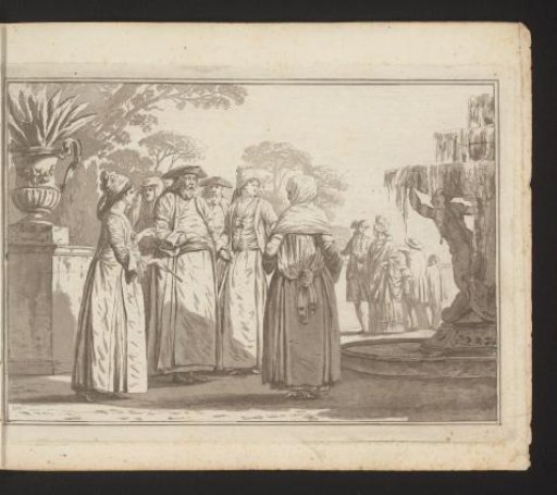 Group of men and women before a fountain