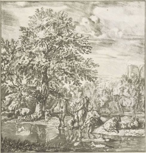 Shepherd and shepherdess with a flock by a river