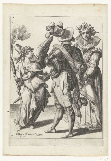 A blindfolded Cupid with a torch before a couple in festive attire