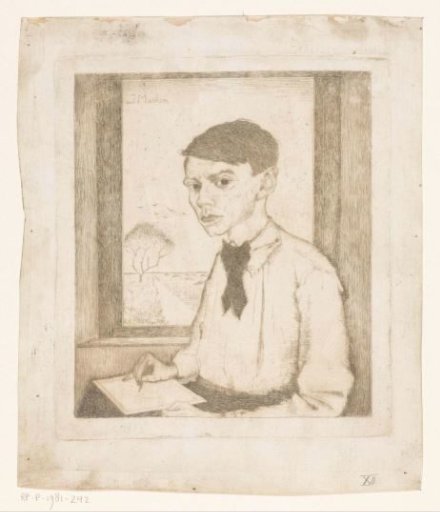 Self-portrait drawing by a window