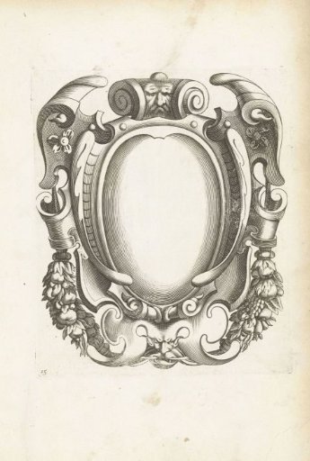 Cartouche with two masks on volutes