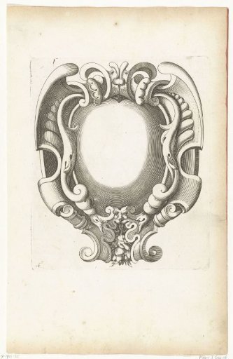 Cartouche with a mask holding a bunch of fruit in its mouth
