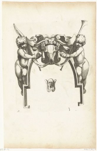 Doorpiece flanked by two children