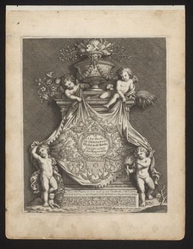 Four putti holding a cloth with text