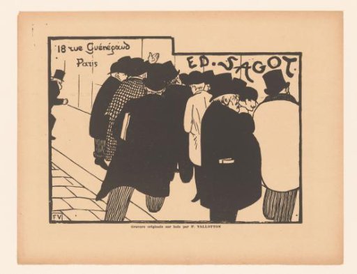 Group of men at the shop window of Edmond Sagot
