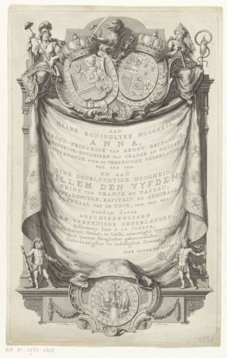 Dedication with the coats of arms of Anna of Hanover and Willem V