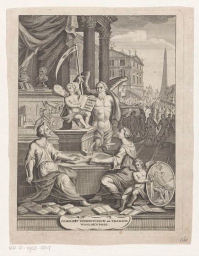 Allegorical representation with Father Time and the French and Dutch languages