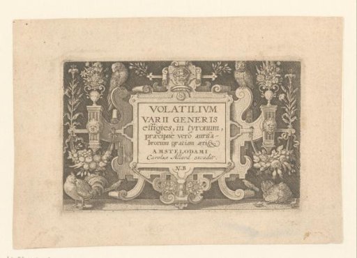 Cartouche with inscription in a frame of scrollwork with birds, chickens, and flowers