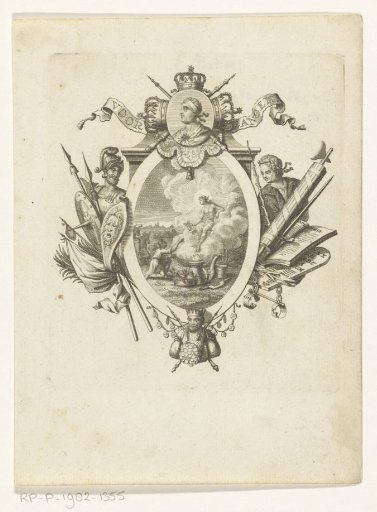 Apollo seated on clouds and a kneeling figure