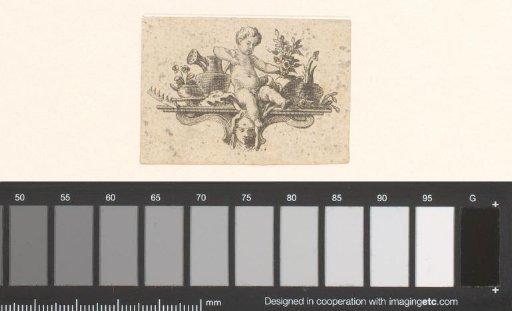 Vignette with a putto between a watering can, flower pots and a rake