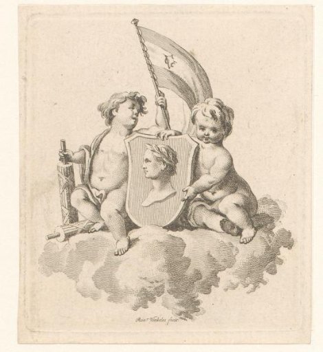 Vignette with two putti on a cloud with VOC flag and coat of arms with portrait bust