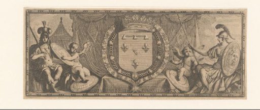 Coat of Arms with Fleur de lis and putti on either side, personifications of France and Minerva